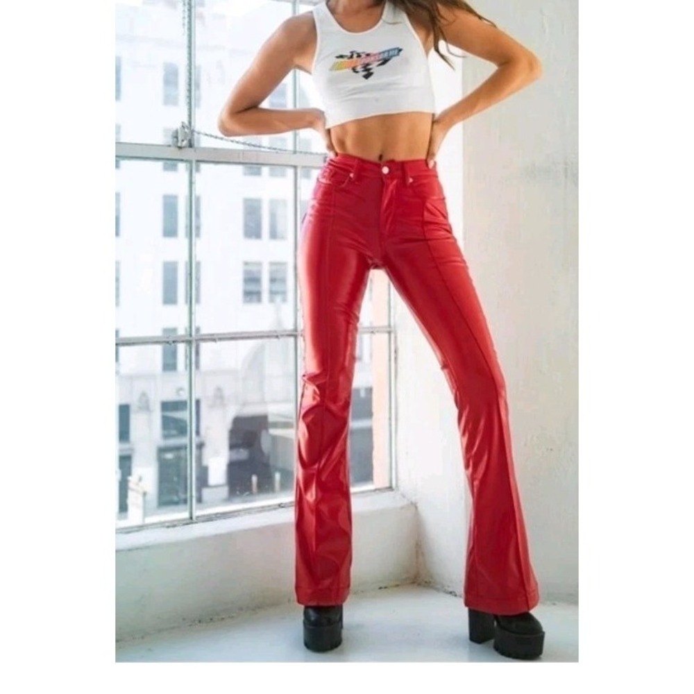 Revice Denim Venus Red Wide‎ Leg 29 Pants Vegan Leather Pockets Retro Festival